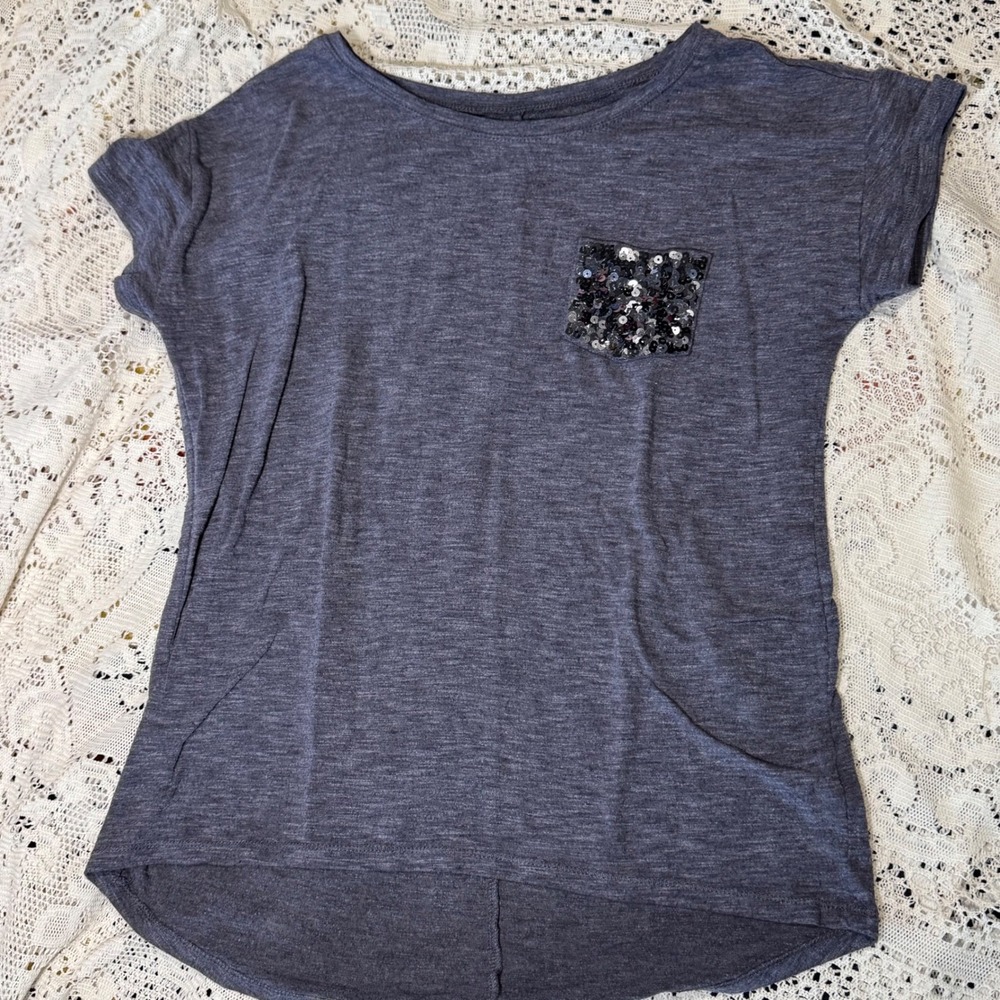 Justice Girls Gray‎ Short Sleeve Sequin Pocket Top Size 10 Kids Casual